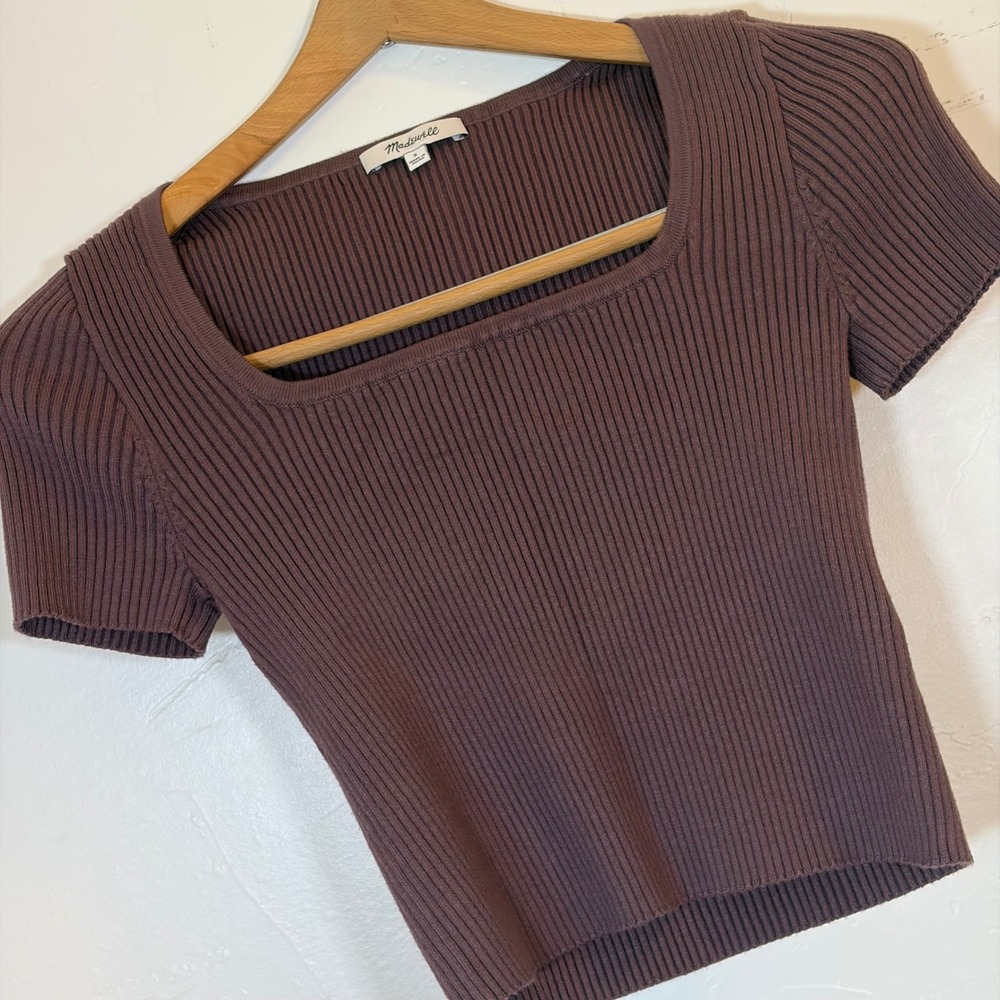 New Madewell Brown‎ Ribbed Square Neck Short Sleeve Cropped T shirt Top Size S